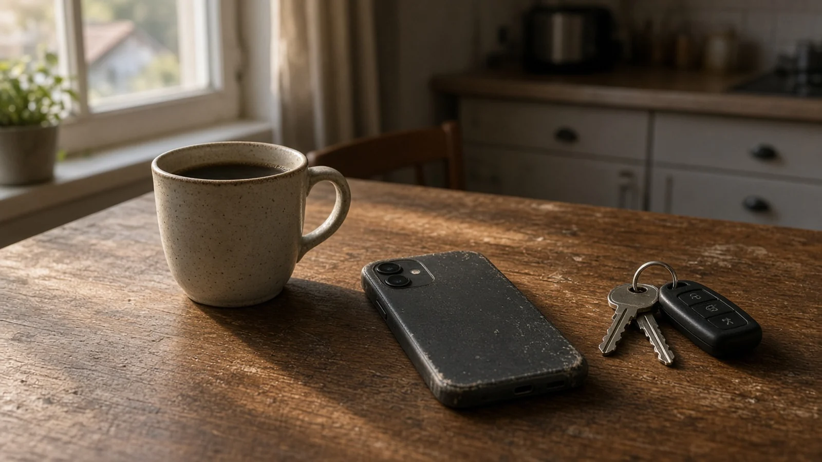Téléphone, tasse de café et clés posés sur une table de cuisine au petit matin