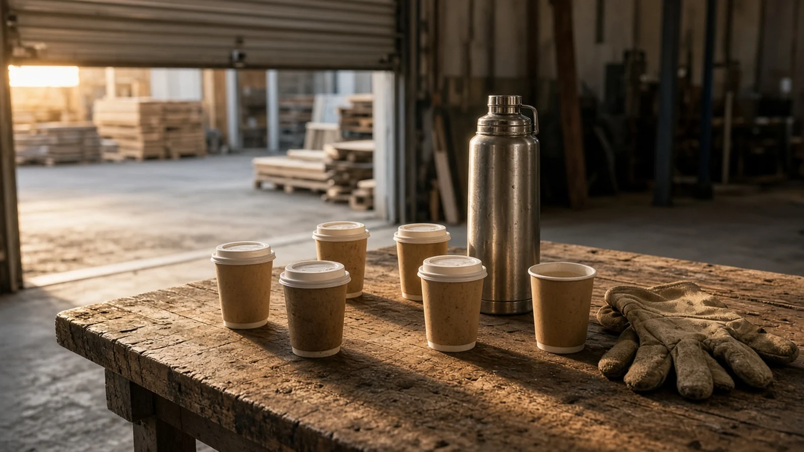 Thermos et tasses de café disposées en cercle sur un établi de dépôt, au soleil du matin