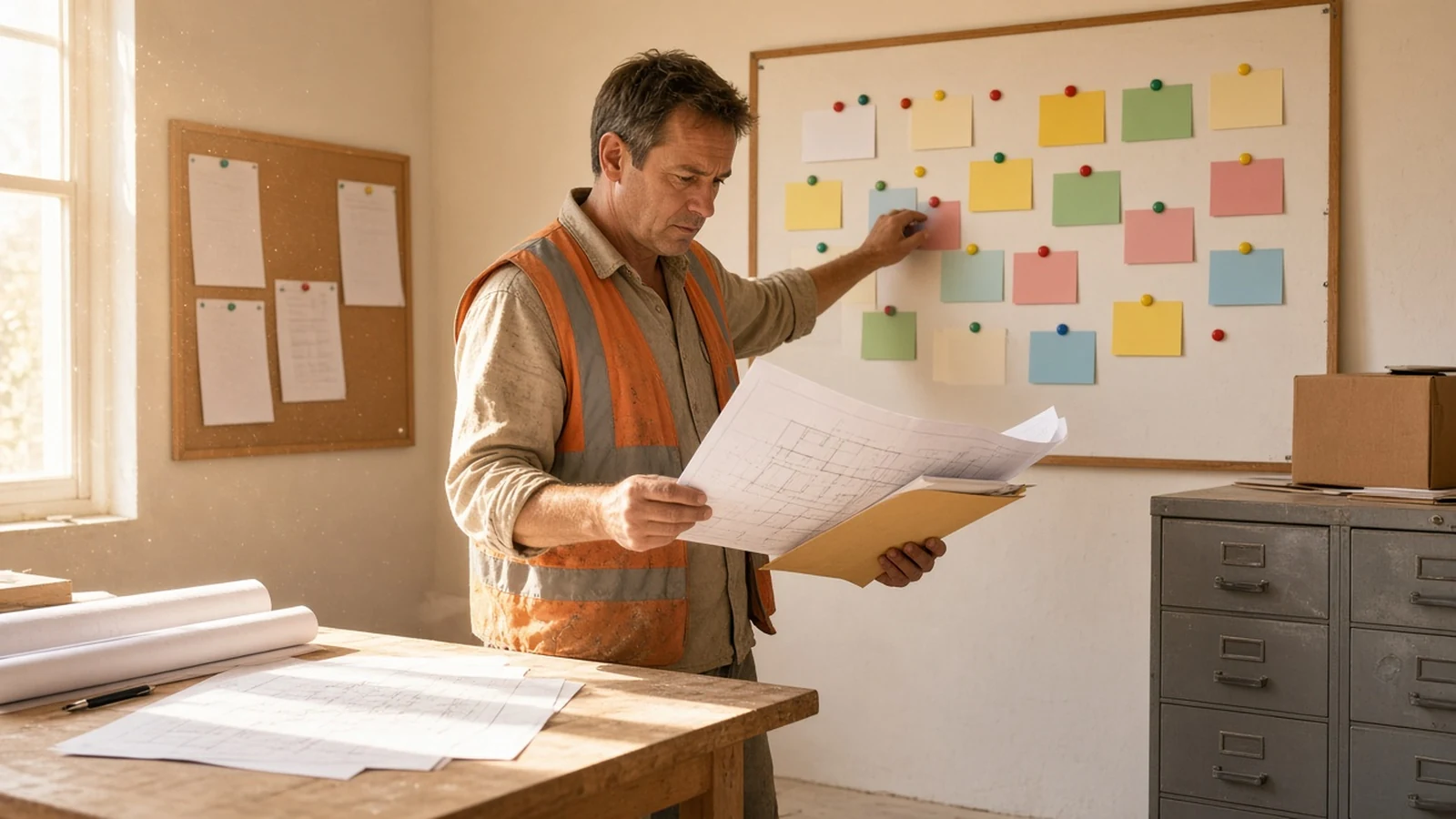 Conducteur de travaux comparant deux dossiers papier et déplaçant des aimants colorés sur un planning mural analogique