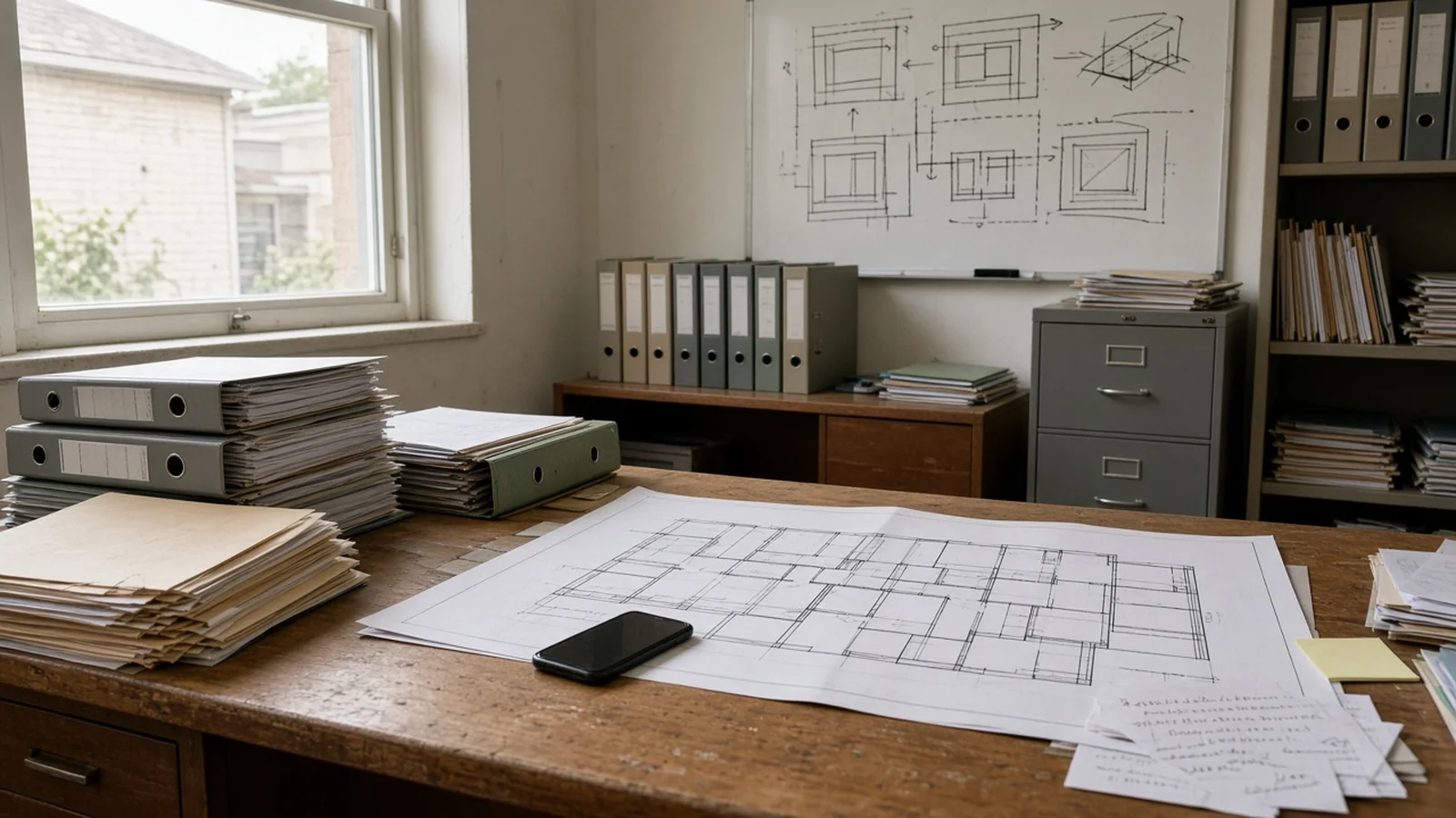 Bureau d’un patron de PME du bâtiment avec classeurs papier, plans et smartphone posé, tableau blanc en arrière-plan