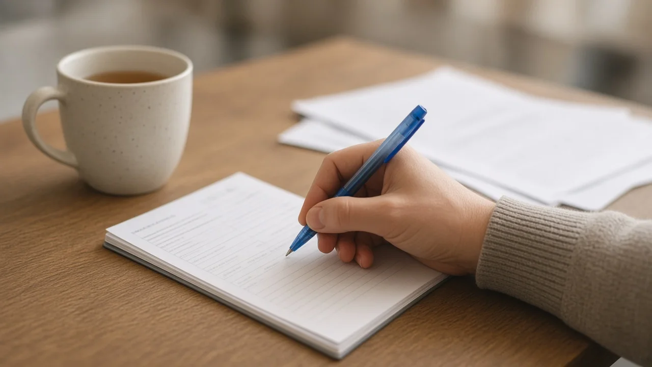 Main rédigeant une demande manuscrite sur un bloc-notes, à côté d’une tasse