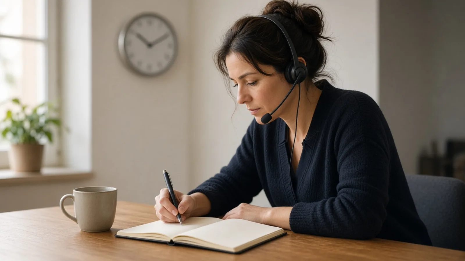 Personne au téléphone avec un casque et un carnet ouvert, dans un bureau lumineux, horloge au mur