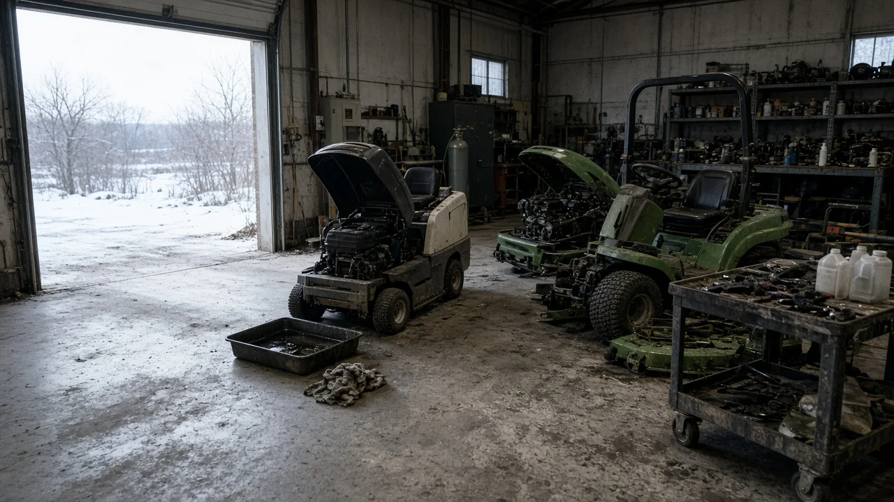 Tondeuses en révision dans un atelier d’espaces verts, porte de garage ouverte sur un paysage hivernal