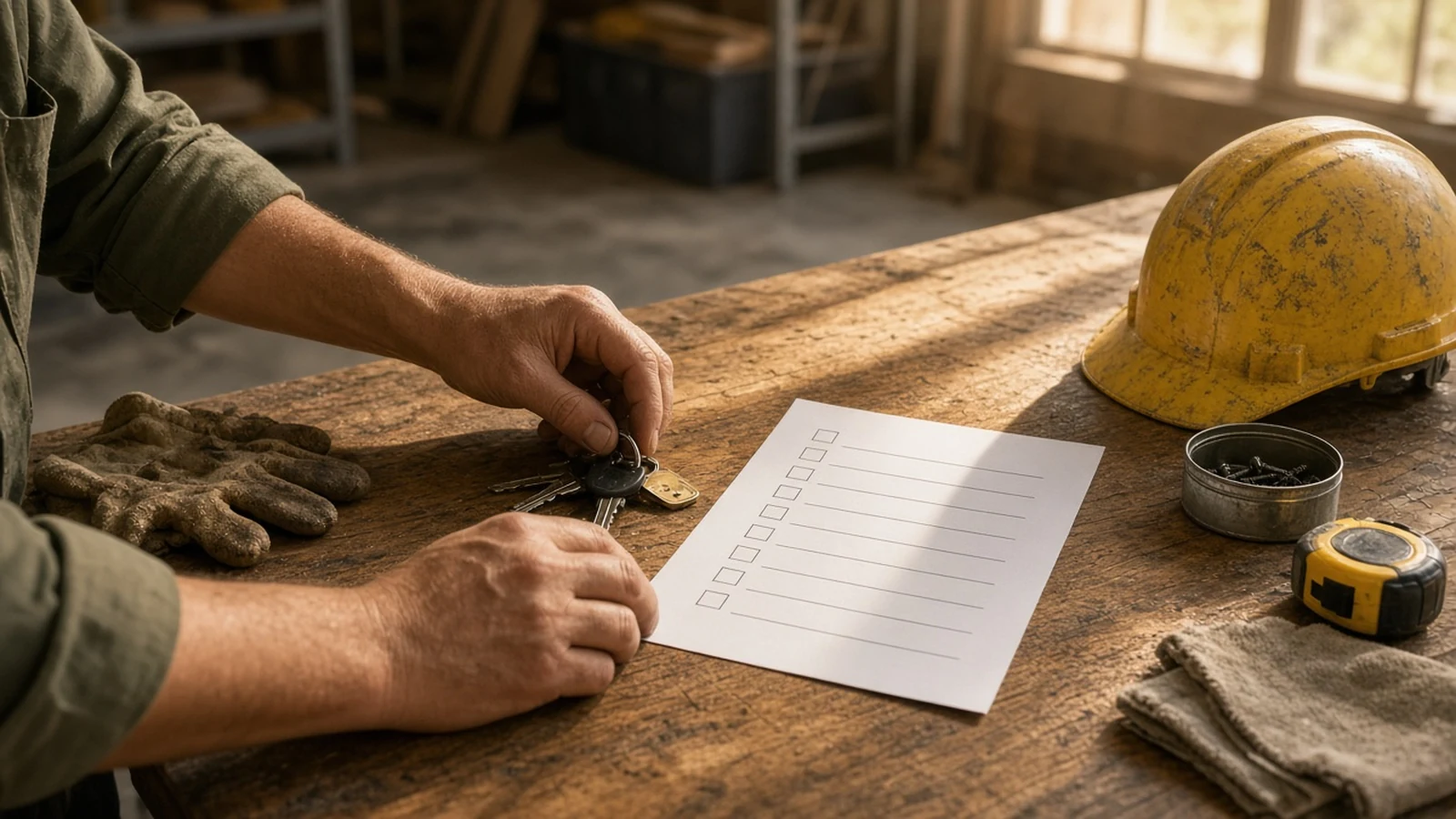 Mains préparant des clés de véhicules et une checklist papier à côté d’un casque et de petit matériel