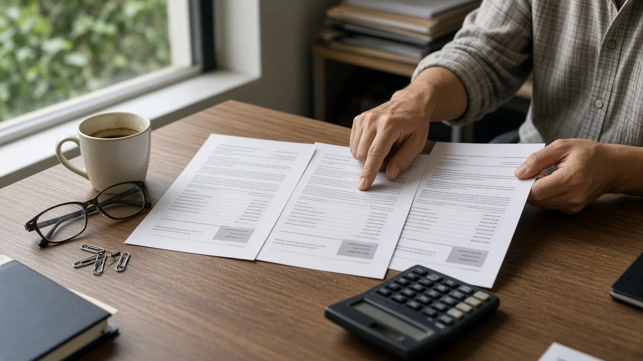 Trois offres tarifaires imprimées comparées sur un bureau, calculatrice et tasse de café à côté
