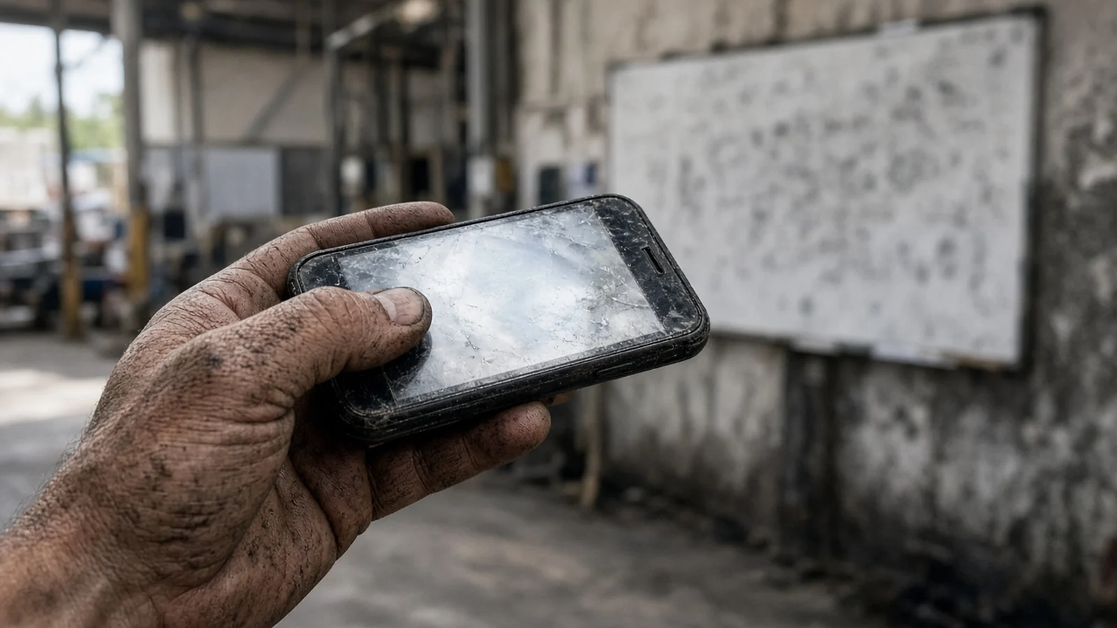 Main de chantier photographiant un tableau blanc flou du dépôt avec un smartphone