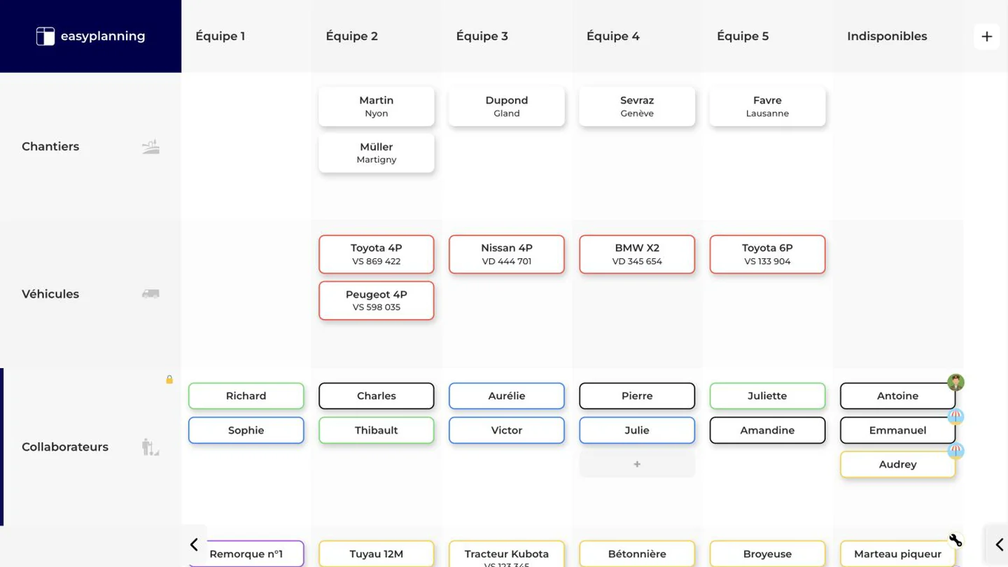 Véhicules attribués aux différentes équipes dans EasyPlanning