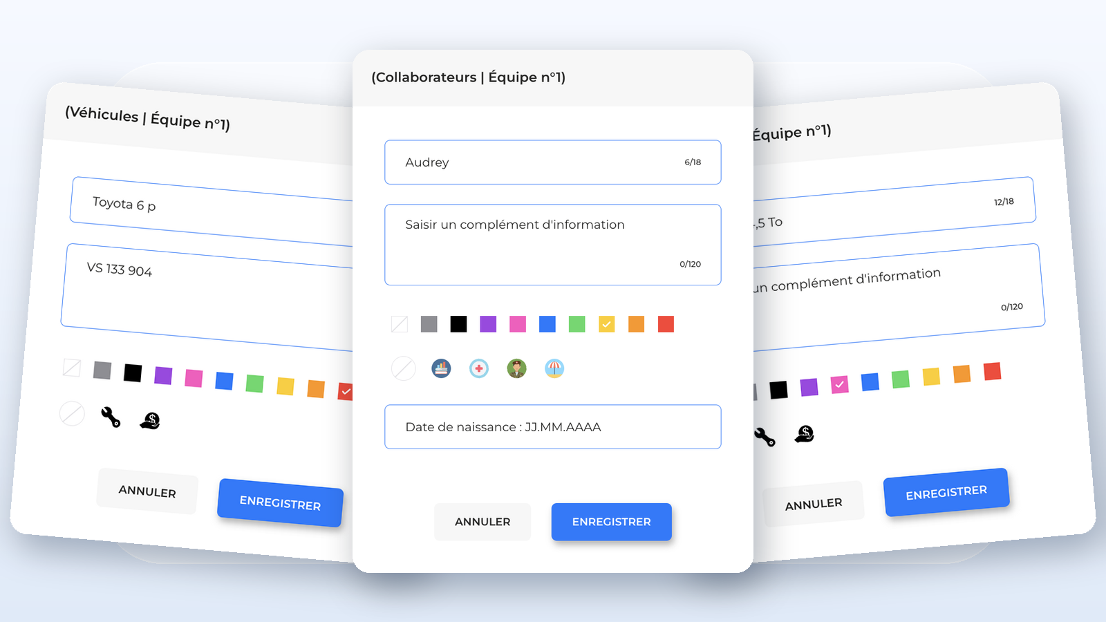 Exemples de fiches EasyPlanning pour un collaborateur, un véhicule et une machine