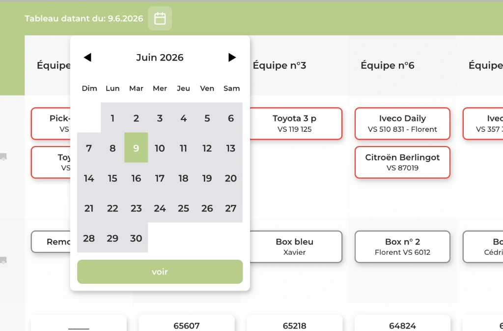 Consultation de l’historique du planning : choix d’une date dans le calendrier pour revoir l’état du tableau.