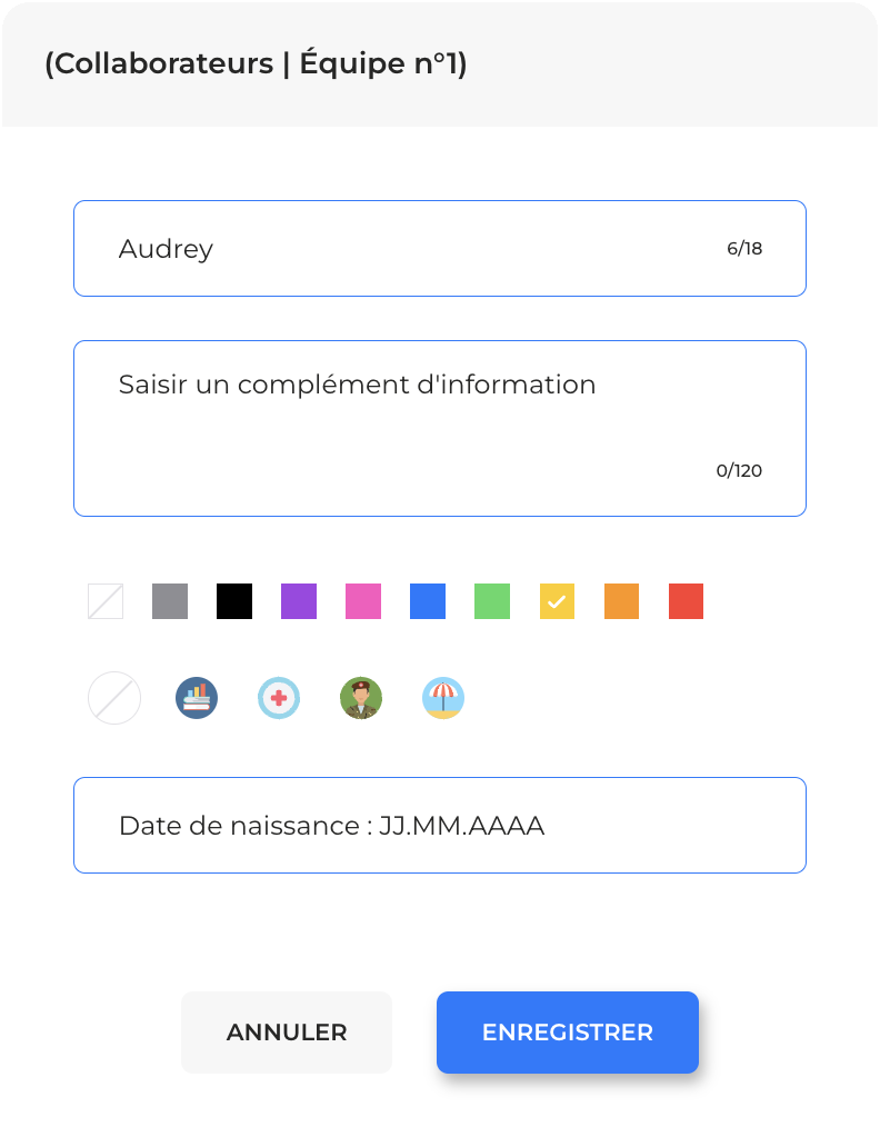 Personnalisation d’une carte collaborateur : nom, couleur et icône.