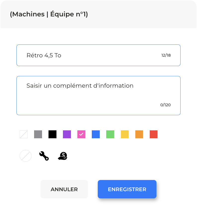 Personnalisation d’une carte machine : nom, couleur et icône.