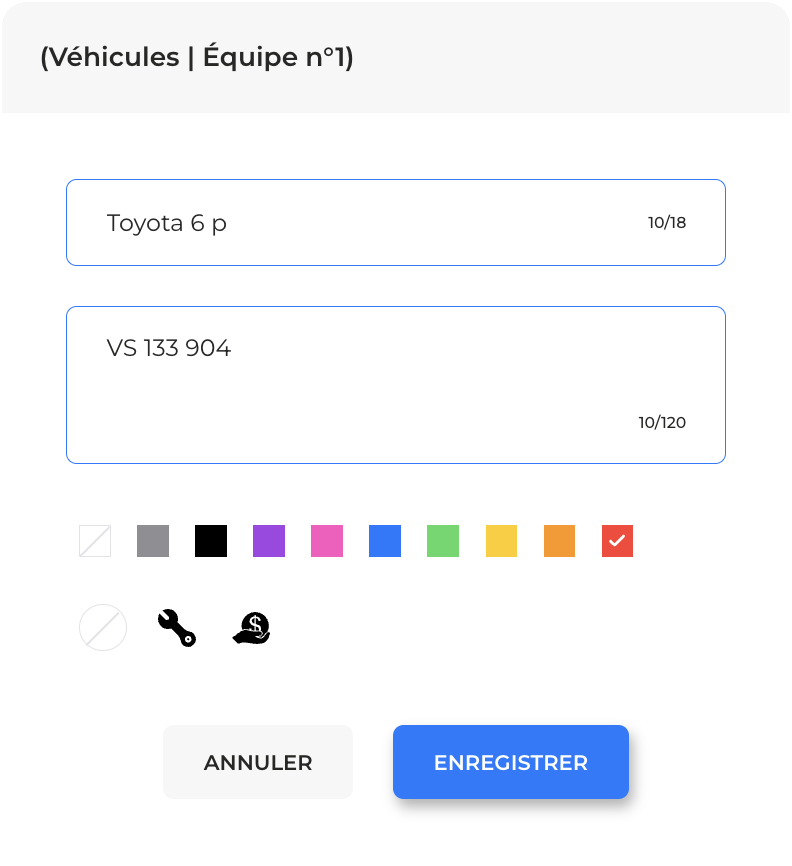 Personnalisation d’une carte véhicule : nom, plaque, couleur et icône.